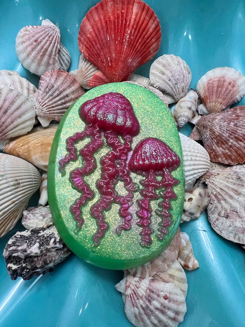 Glittery Neon Pink Jellyfish Oval Soap with Lime Green Background image 7