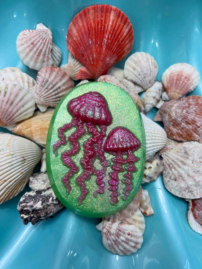 Glittery Neon Pink Jellyfish Oval Soap with Lime Green Background image 1