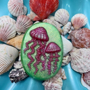 Glittery Neon Pink Jellyfish Oval Soap with Lime Green Background image 9