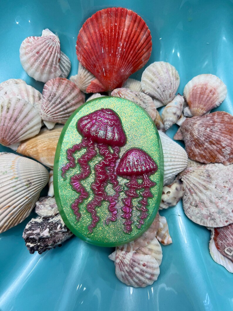 Glittery Neon Pink Jellyfish Oval Soap with Lime Green Background image 9