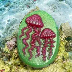 Glittery Neon Pink Jellyfish Oval Soap with Lime Green Background image 4