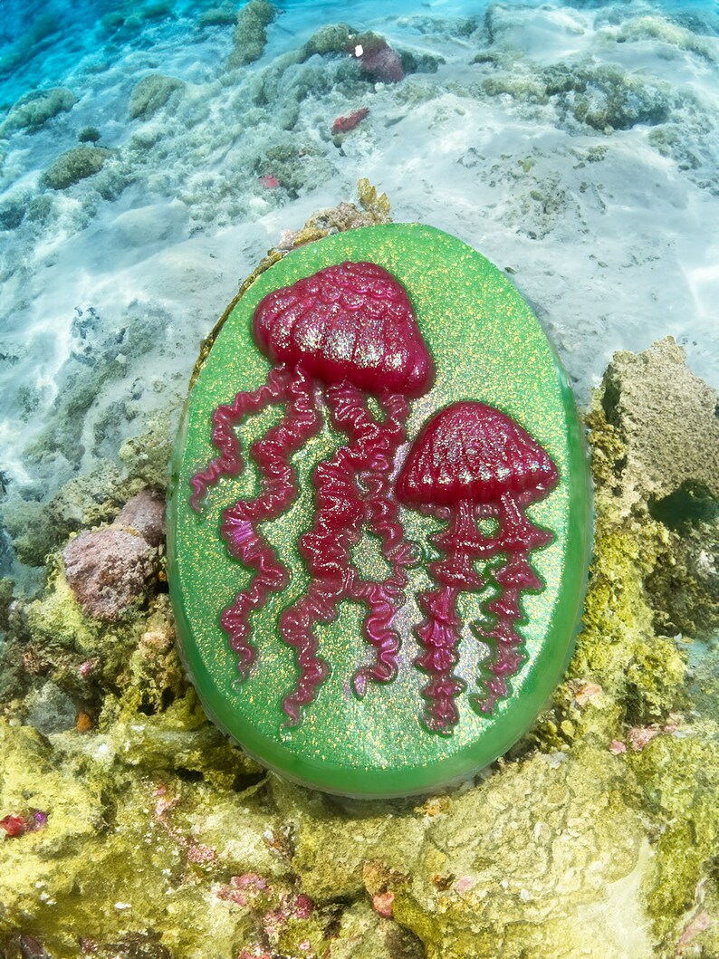 Glittery Neon Pink Jellyfish Oval Soap with Lime Green Background image 4
