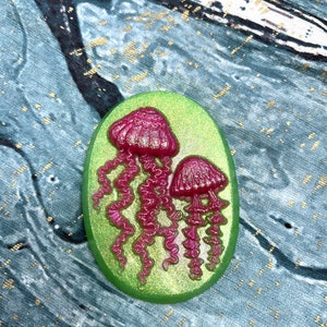 Glittery Neon Pink Jellyfish Oval Soap with Lime Green Background image 6