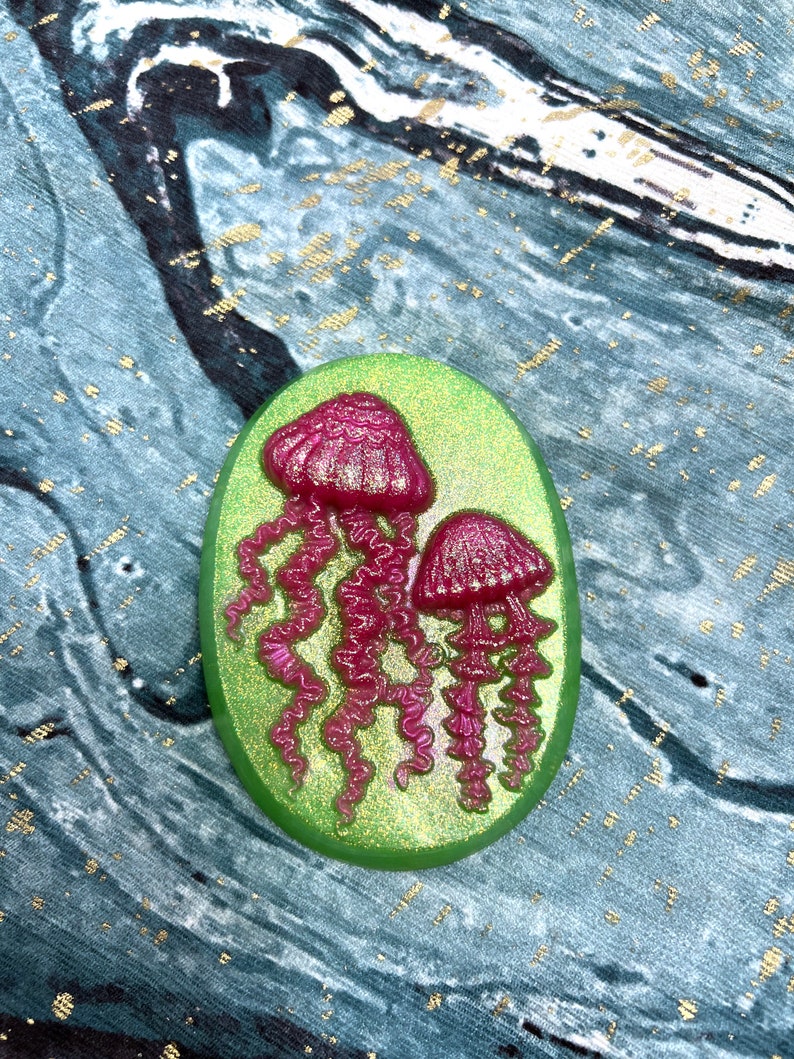 Glittery Neon Pink Jellyfish Oval Soap with Lime Green Background image 6