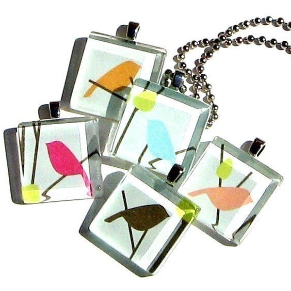 love birds - glass tile and Japanese chiyogami pendant necklace with gift tin