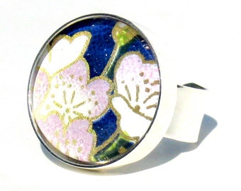 Silver Cocktail Ring. Metal and Blue and White Flowers Adjustable Ring: Lilac Sakura