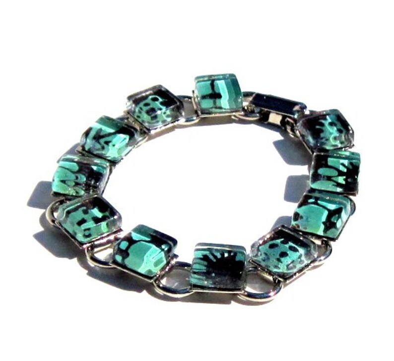 Chocolate Brown and Aqua Glass Bracelet. A Kimono Cube Glass Tile Bracelet by Gamiworks : Mineral image 3