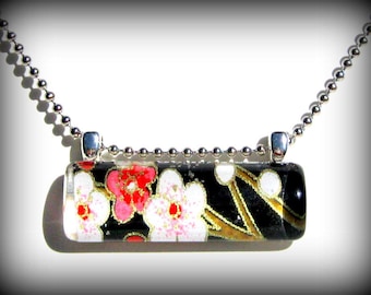 Pink, White Red Cherry Blossom Pendant Necklace. Black Pendant. Glass Bar Necklace. Japanese Chiyogami: Nocturnal Blooms