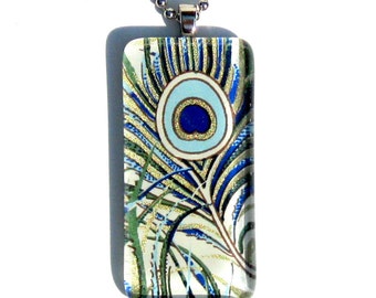 peacock feather pendant necklace - glass and Japanese chiyogami