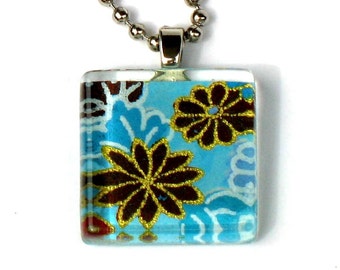 aqua brown blooms - glass and Japanese chiyogami pendant necklace