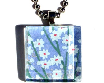 lavender field - glass tile and Japanese chiyogami pendant necklace