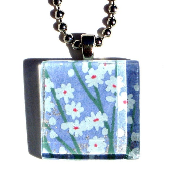 lavender field - glass tile and Japanese chiyogami pendant necklace