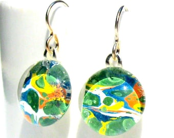 ocean reef geisha gem danglies - glass and Japanese chiyogami earrings with eco friendly Argentium sterling silver