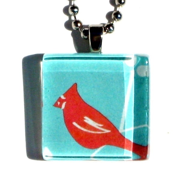 SALE - cardinal rule - mini glass tile and Japanese chiyogami pendant necklace