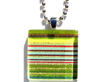 classic pinstripes - mini glass tile and Japanese chiyogami pendant necklace