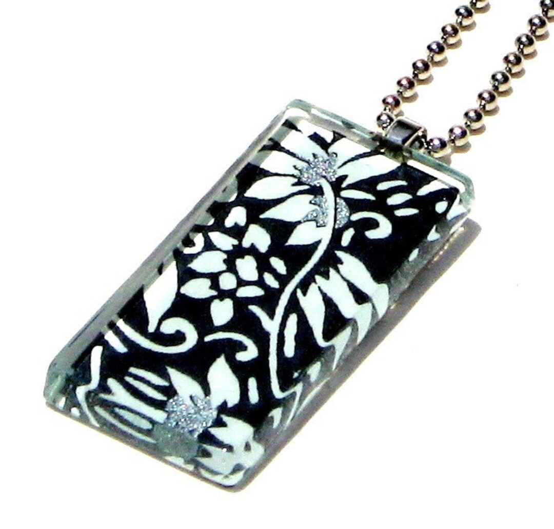 Black and White Pendant Necklace Glass and Japanese Chiyogami Necklace
