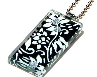 black and white pendant necklace - glass and Japanese chiyogami necklace pendant