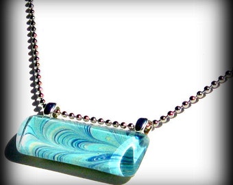 Peacock Pendant. Aqua Blue Necklace. Glass Bar Pendant Necklace : Peacock Tails