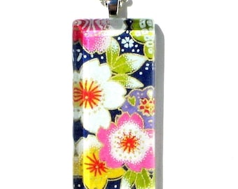 colorful sakura pendant necklace - glass and Japanese chiyogami - suddenly spring