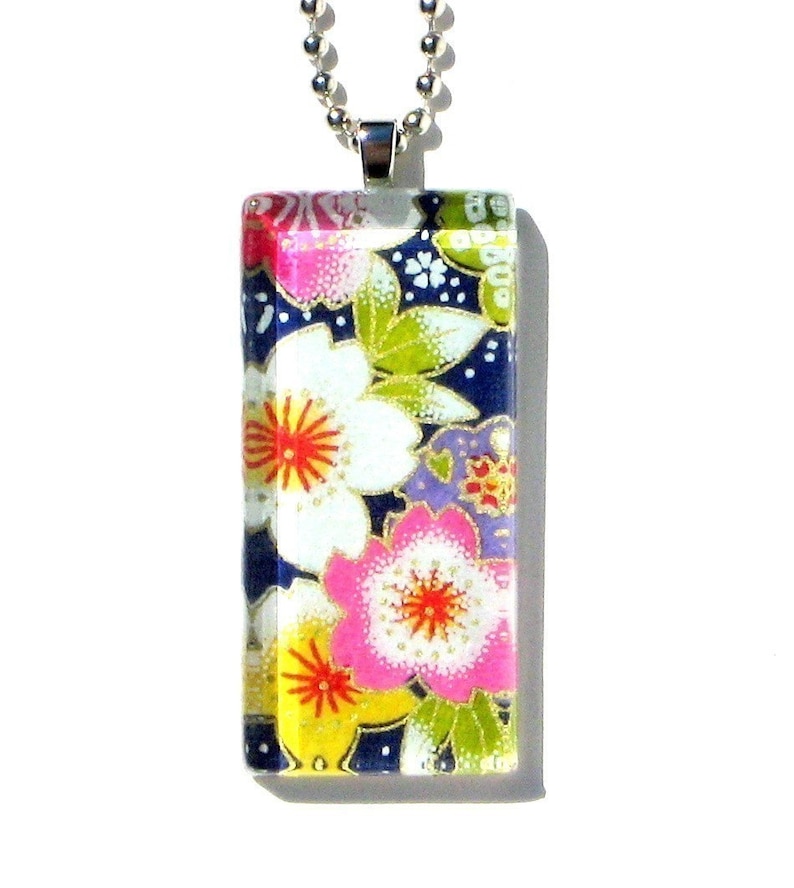 colorful sakura pendant necklace glass and Japanese chiyogami suddenly spring image 1