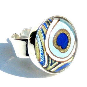 Silber Cocktail-Ring. Metall und Glas Pfau blau Feder verstellbarring: Pfau Feder