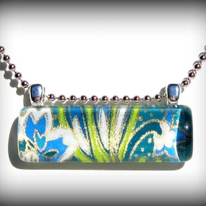 Lime Green and Blue Necklace. Art Pendant. Glass Bar Pendant: Under The Sea image 1