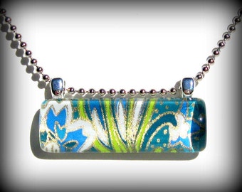 Lime Green and Blue Necklace. Art Pendant. Glass Bar Pendant: Under The Sea