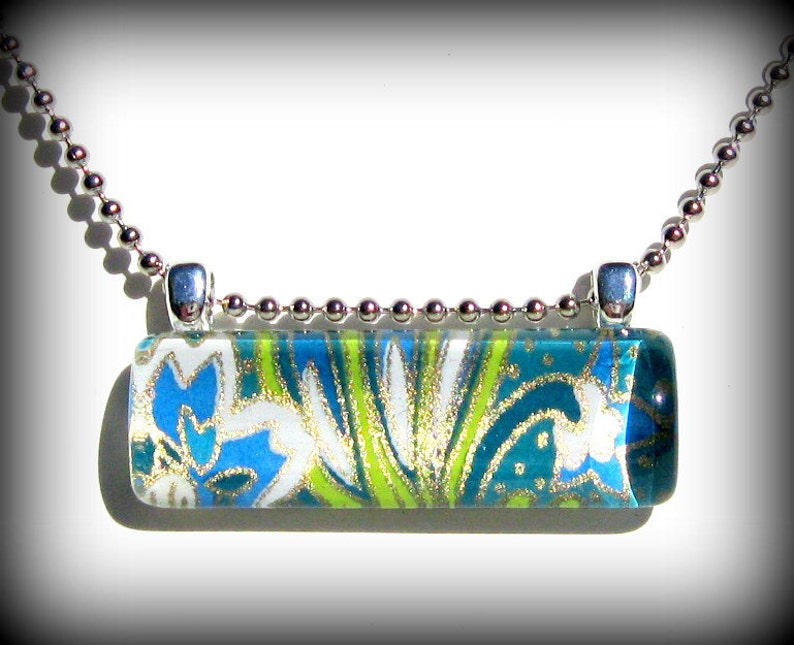 Lime Green and Blue Necklace. Art Pendant. Glass Bar Pendant: Under The Sea image 1