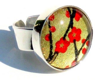 Silver Cocktail Ring. Metal and Glass Red and Gold Adjustable Ring: Asian Poppies