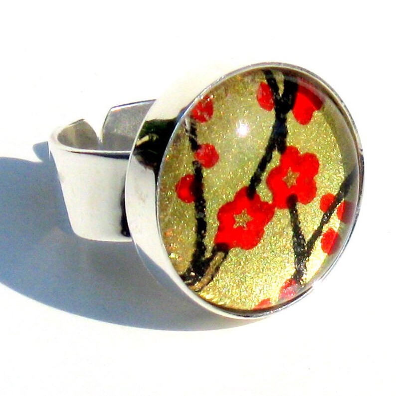 Silver Cocktail Ring. Metal and Glass Red and Gold Adjustable Ring: Asian Poppies image 1