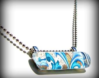 Blue Pendant Charm. Glass. Bar Pendant Necklace. Italian Blue Florentine