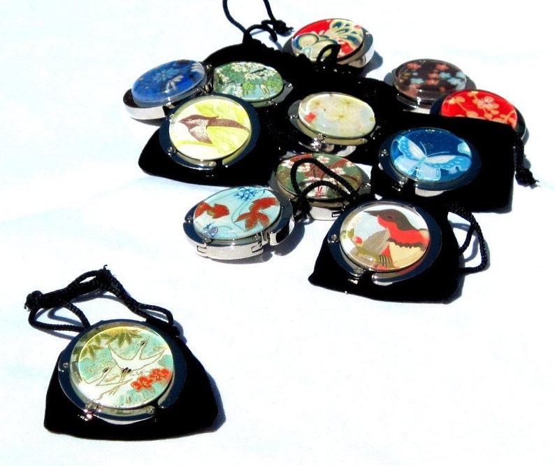 Purse Hooks Party 6 Pack Assorted Designs Japanese Chiyogami Geisha Gem Purse Hangers image 1