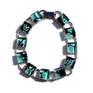 Chocolate Brown and Aqua Glass Bracelet. A Kimono Cube Glass Tile Bracelet by Gamiworks : Mineral image 1