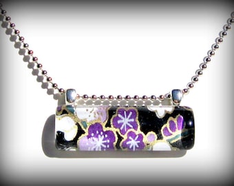 Purple Necklace Pendant. Glass Bar Pendant: Plum Happy Cherry Blossoms