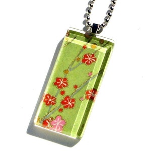 celery green cherry blossom pendant necklace glass and Japanese chiyogami confetti blooms image 2