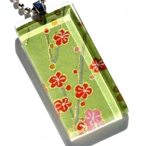 celery green cherry blossom pendant necklace glass and Japanese chiyogami confetti blooms image 3