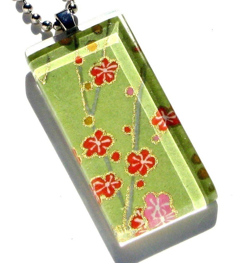 celery green cherry blossom pendant necklace glass and Japanese chiyogami confetti blooms image 3