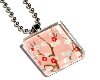 petite petals on blush- glass tile and Japanese chiyogami pendant necklace with gift tin