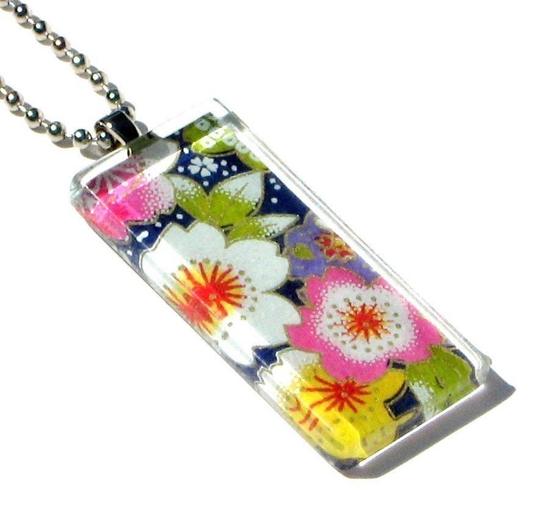 colorful sakura pendant necklace glass and Japanese chiyogami suddenly spring image 2