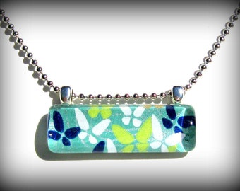 Butterfly Glass Pendant Necklace. Looking Glass. Mint Green Necklace. Bar Necklace Charm : Butterfly Release
