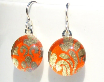 regal tangerine geisha gem danglies - glass and Japanese chiyogami earrings with eco friendly Argentium sterling silver