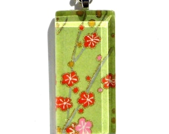 celery green cherry blossom pendant necklace - glass and Japanese chiyogami - confetti blooms