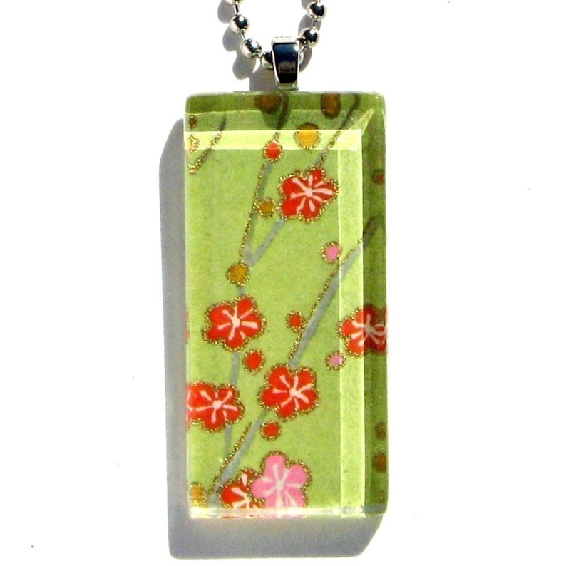 celery green cherry blossom pendant necklace glass and Japanese chiyogami confetti blooms image 1