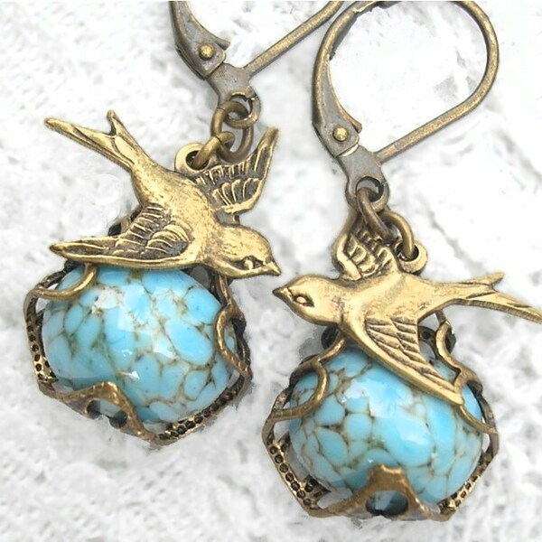 Turquoise Matrix and Brass Sparrow Earrings