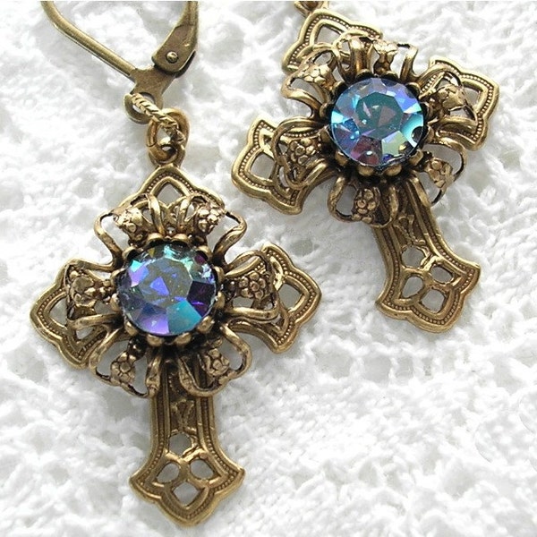 Jeweled Filigree Cross Antiqued Brass Earrings