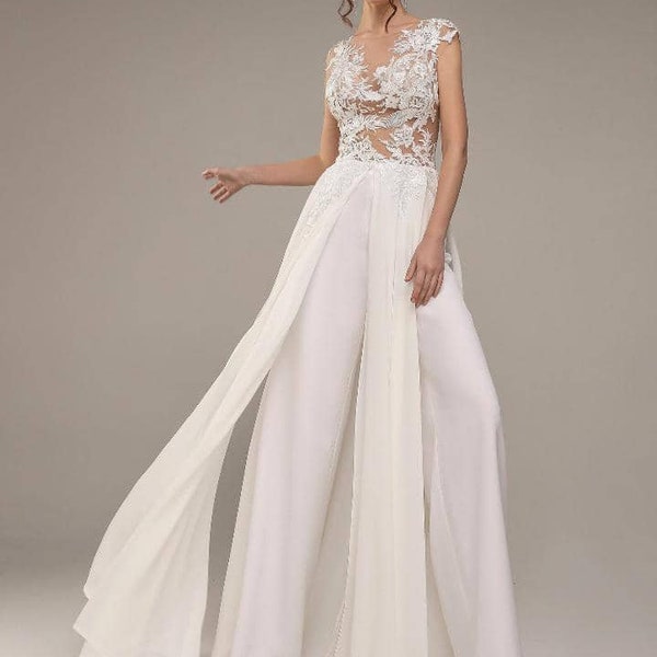 Lace Top Solid Sleeveless Cross Back Wide-Leg Wedding Pantsuit