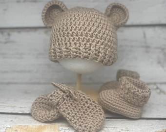 Ensemble bébé ours au crochet, cadeau baby shower, cadeau bébé fille, tenue de retour à la maison, crochet fait main, cadeau bébé garçon, cadeau baby shower