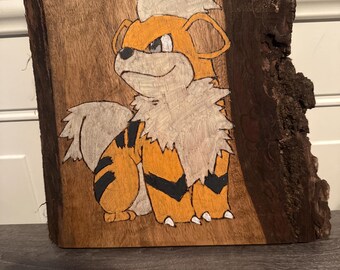 Growlithe Pokémon wood burning, stained and hand painted with non toxic acrylic paint.