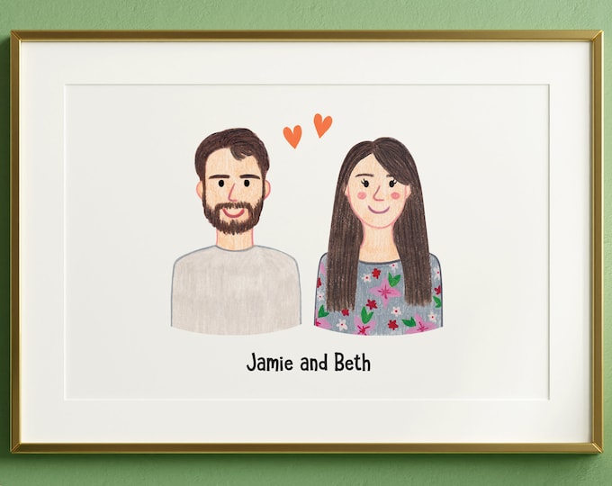 Illustrated Couple Portrait, Custom Couple Portrait, Hand Drawn Couple Portrait, Couple Pet Portrait, Personalised Couple Portrait