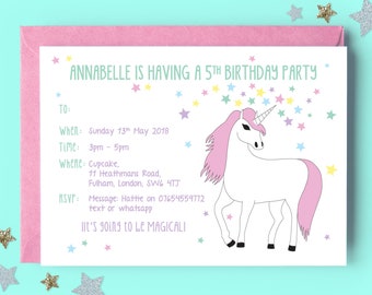 Invitations personnalisées à une fête d’anniversaire de licorne